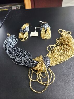 Two-Tone Gold and Gunmetal Multi-Strand Beaded Necklace with Matching Earrings
